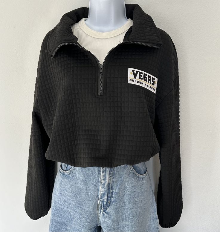 Black half zip pullover with Golden Knights patch on the front Las Vegas, Crochet Half Zip Sweater, Zipup Sweater, Pullover Half Zip, Half Zip Sweater, Golden Knights, Half Zip Sweaters, Pullover Sweater Women, Half Zip Pullover