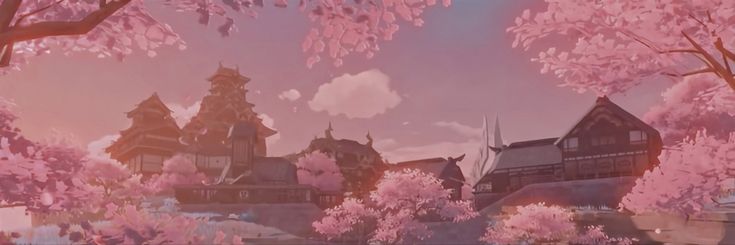 an animated scene with pink trees in the foreground and a castle in the background