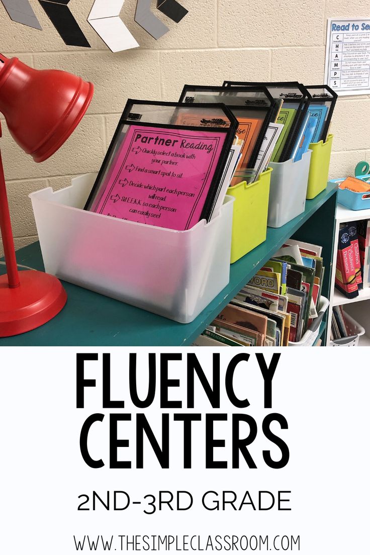 a classroom desk with books, binders and a lamp on it that says flueny centers 2nd - 3rd grade