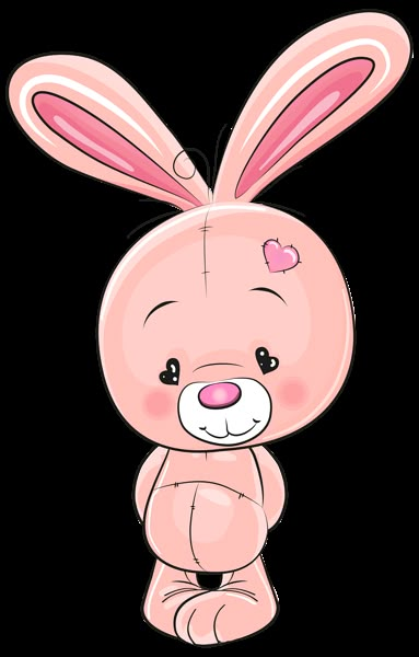 a pink bunny sitting down with its eyes closed and ears wide open, looking at the camera