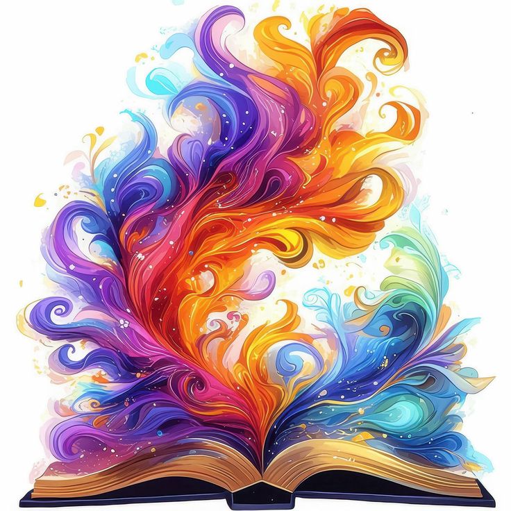 an open book with colorful swirls coming out of it's pages and on top of the book is a white background