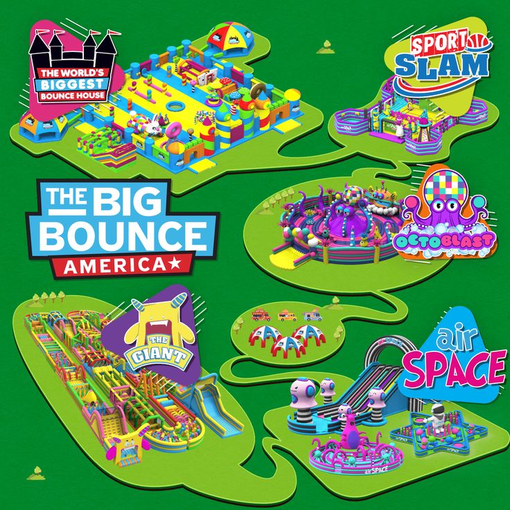 the big bounce america map shows all kinds of rides, games and activities for kids