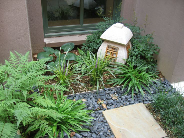 there is a bird house in the middle of some plants and rocks on the ground