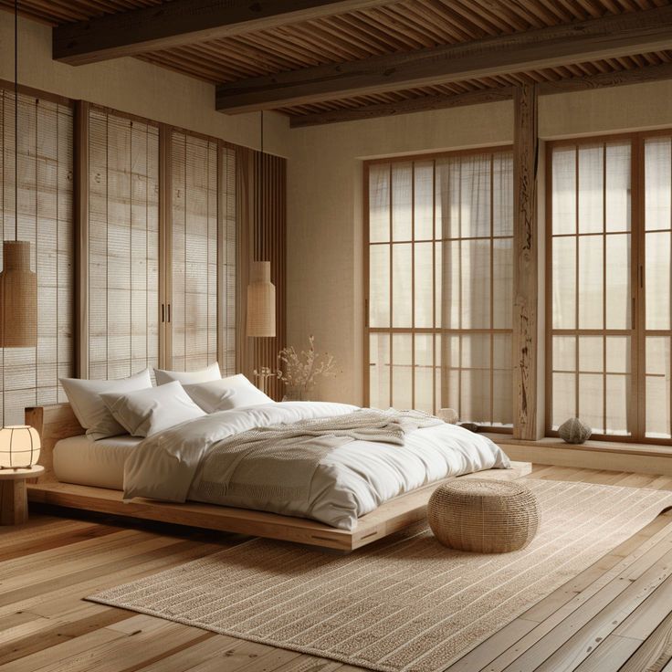 A Japandi-inspired bedroom that combines the elegance of hardwood flooring with the cultural charm of tatami mats and the comfort of a soft, minimalist area rug in muted hues Japandi Style Interior Design, Japandi Bedroom Design, Japandi Bedroom, Neutral Interior Design, Sofa Bed Design, Home Design Plan, Neutral Interiors, Japanese Interior, Home Decor Color