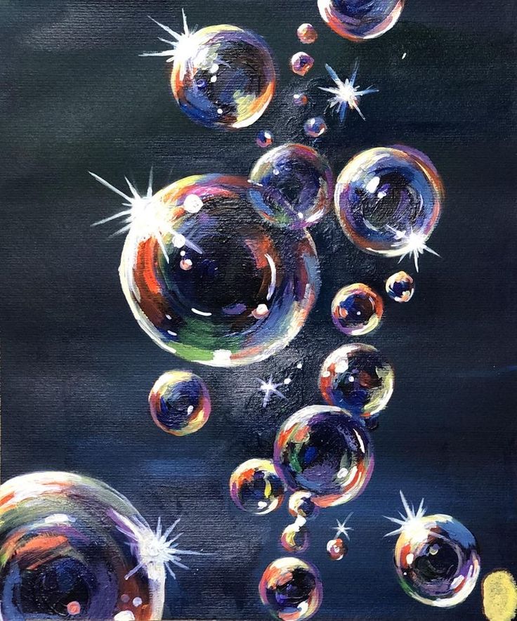 an oil painting of soap bubbles floating in the air on a black background with white stars