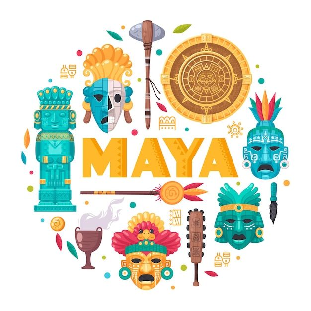 the word mayoa surrounded by various items in a circle with an image of tiki masks