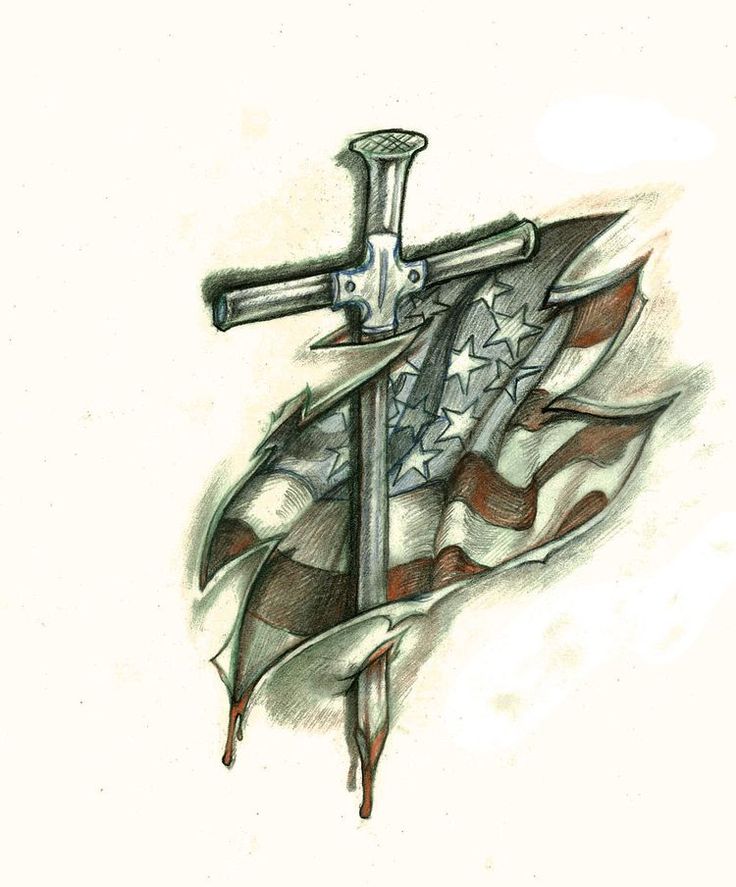 a drawing of a cross with an american flag on it and a knife sticking out of it