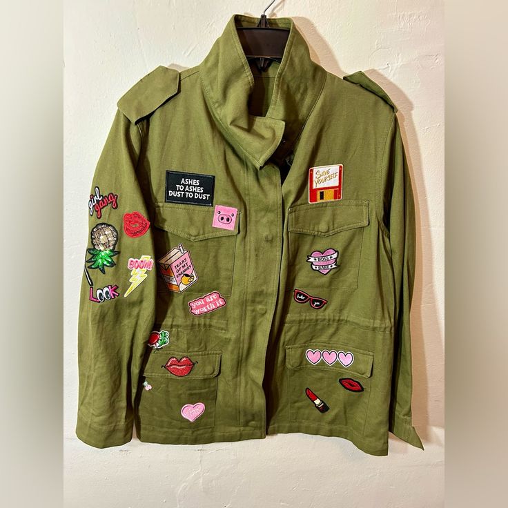 Custom Made Army Green Military Junk Patch Jacket Size Large Hang Dry Only, Do Not Put In The Dryer Bust 34 Inches Length 28 Inches Button Zipper Currently Taking Orders For Custom Orders, Dm For More Question 4 Pockets Custom Made, And Beaded Army Jacket With Patches, Upcycled Army Jacket, Vintage Patches Jacket, Junk Jackets, Sweatshirt Patches, Ralph Lauren Military Jacket, Pink Utility Jacket, Jacket With Patches, Jacket Patches