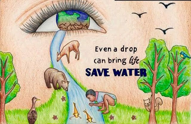 an eye with the words save water written on it and animals around it, in front of