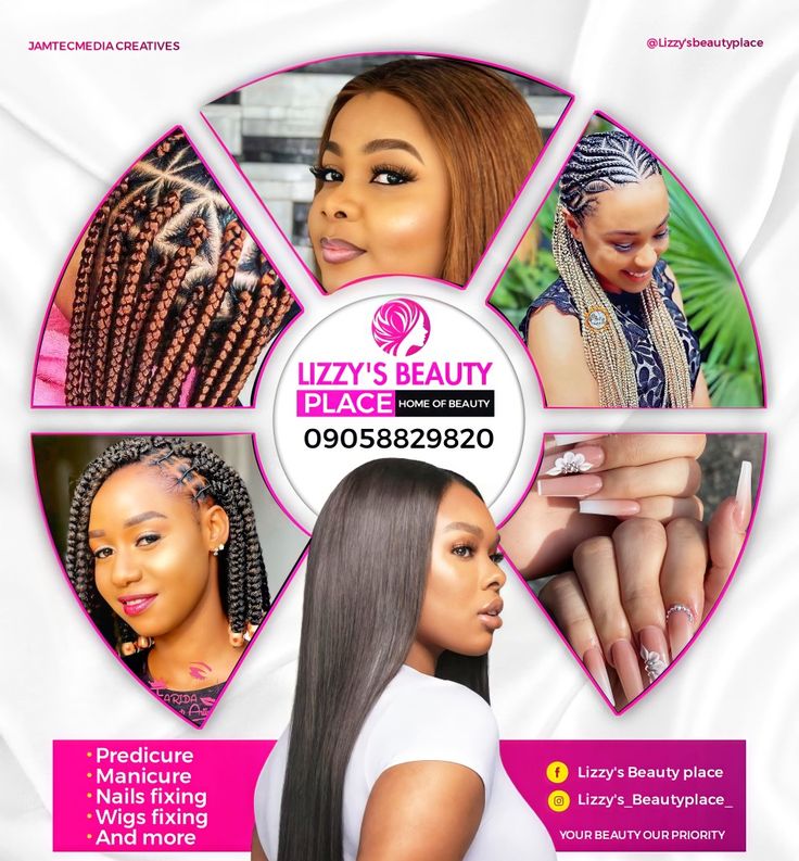 the flyer for lizzy's beauty is shown with different types of hair and nails