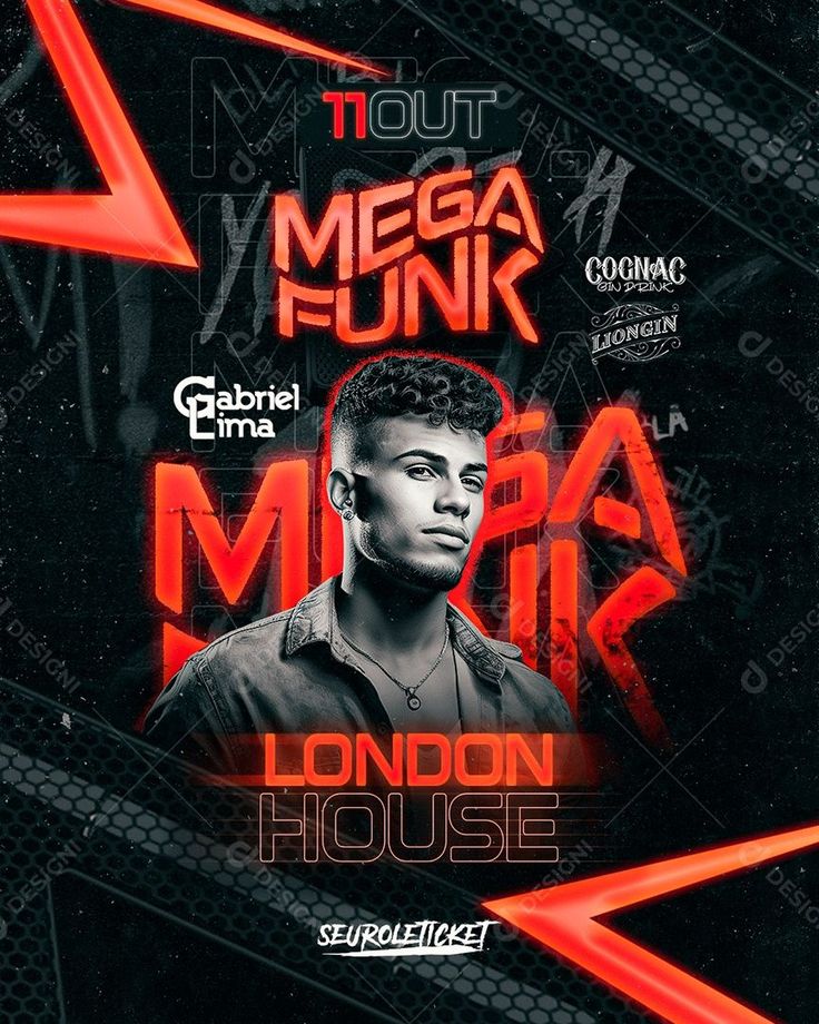 the flyer for mega punk london house with an image of a man in black and red