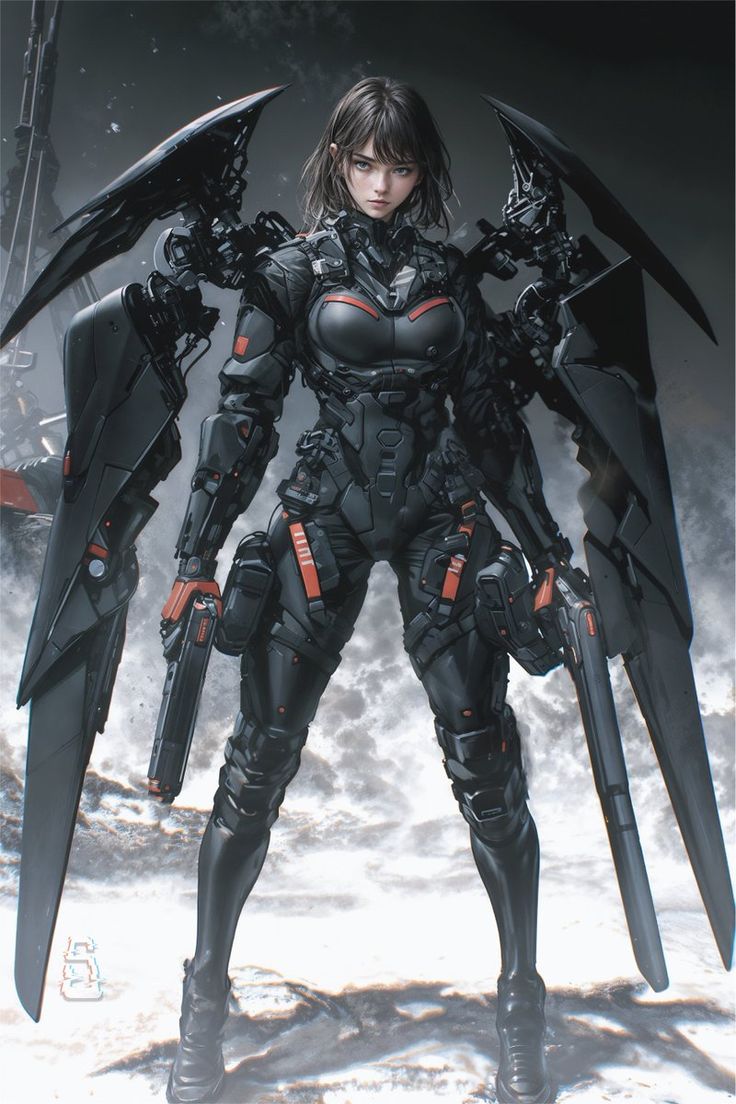 a woman in futuristic armor holding two large black wings on her shoulders and standing next to snow