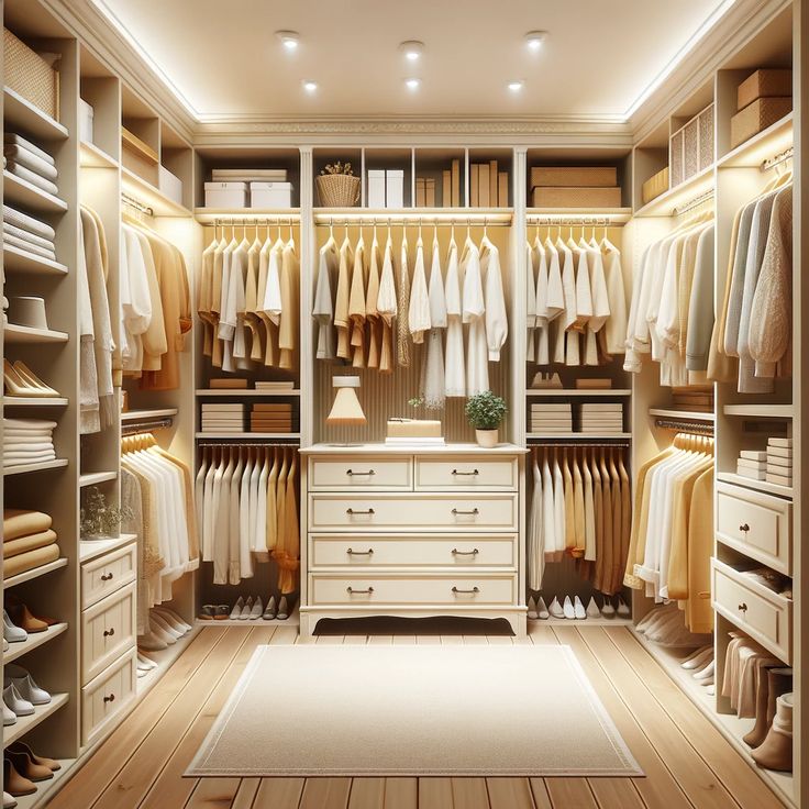 a walk in closet filled with lots of white drawers and clothes on top of wooden shelves