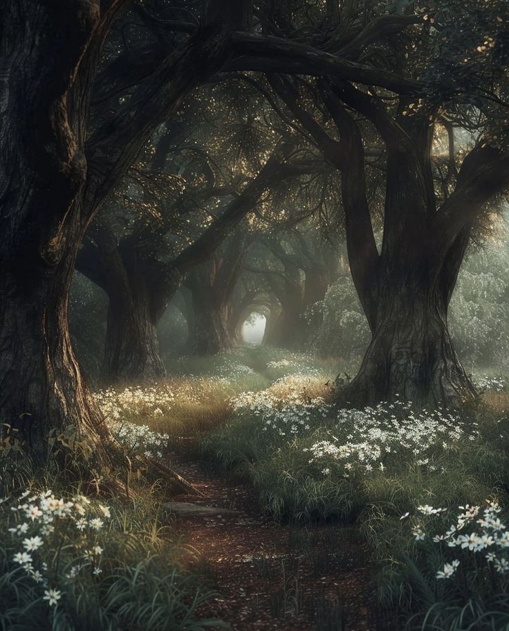 an image of a forest scene with trees and flowers