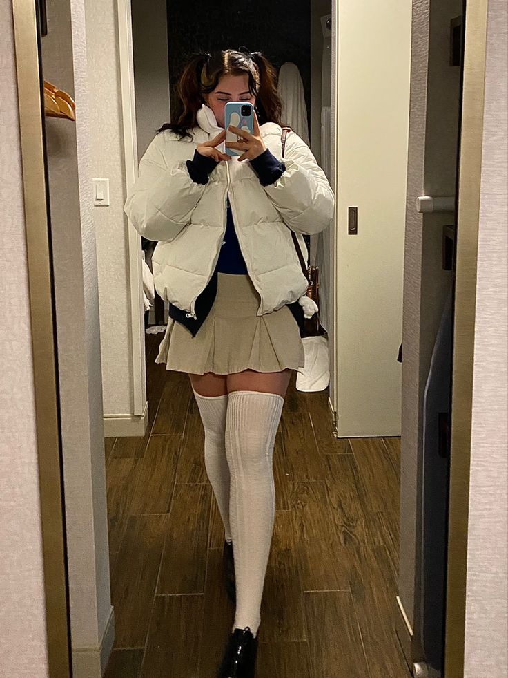 Tights And Knee High Socks, Tigh High Socks, White Stockings Outfit Winter, Thigh High And Skirt, Winter Thigh High Socks Outfit, Stockings And Socks Outfit, Skirt And Thigh Highs Outfit, Sheer Thigh High Socks Outfit, White Knee High Socks Outfit Mini Skirts