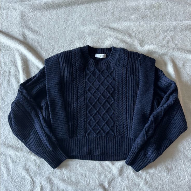 Never Worn Aritzia Babaton Seek Sweater 100% Merino Wool Like A Cropped Fisherman Style Sweater Cable Knit Deep Classic Navy Warm And Heavier Fabric Beautiful *Last Photo Is Just To Give An Idea Of The Fit* Navy Knit Sweater, Indigo Sweater, Sailor Sweater, Navy Cable Knit Crew Neck Top, Blue Cable Knit Sweater For Layering, Navy Fitted Knitted Sweater, Fitted Navy Knitted Sweater, Navy Cable Knit Sweater For Fall, Navy Knit Sweater For Workwear