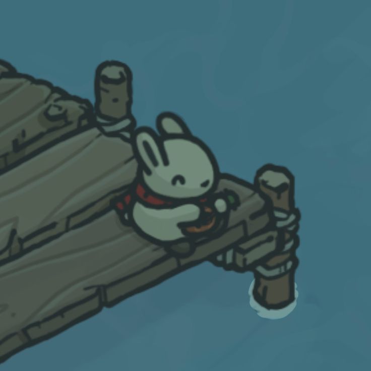 an animated rabbit sitting on top of a piece of wood next to a wooden pole