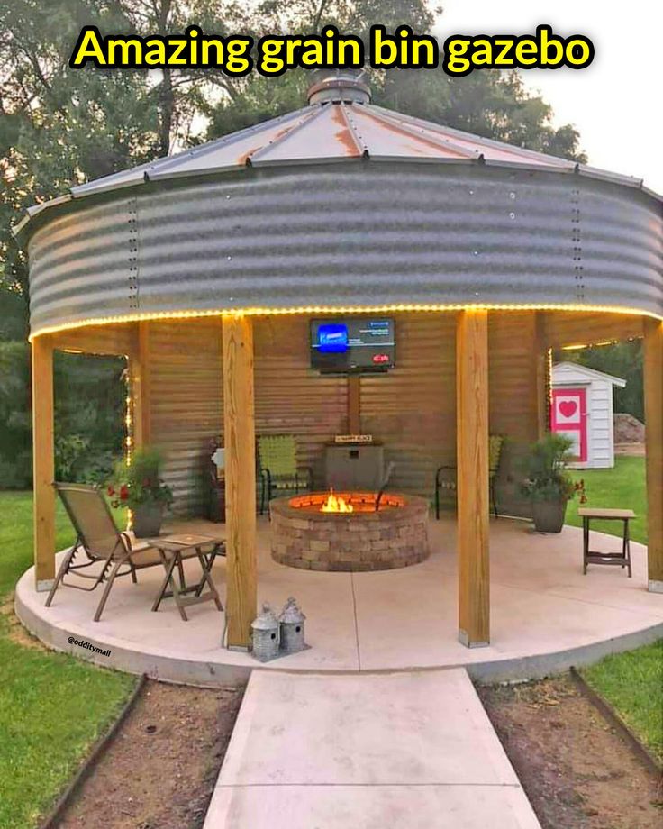 Grain Bin Gazebo Grain Bin House, Farmhouse Addition, Silo House, Grain Silo, Outdoor Gazebo, Outdoor Pavilion, Backyard Gazebo, Backyard Pavilion, Yard Project