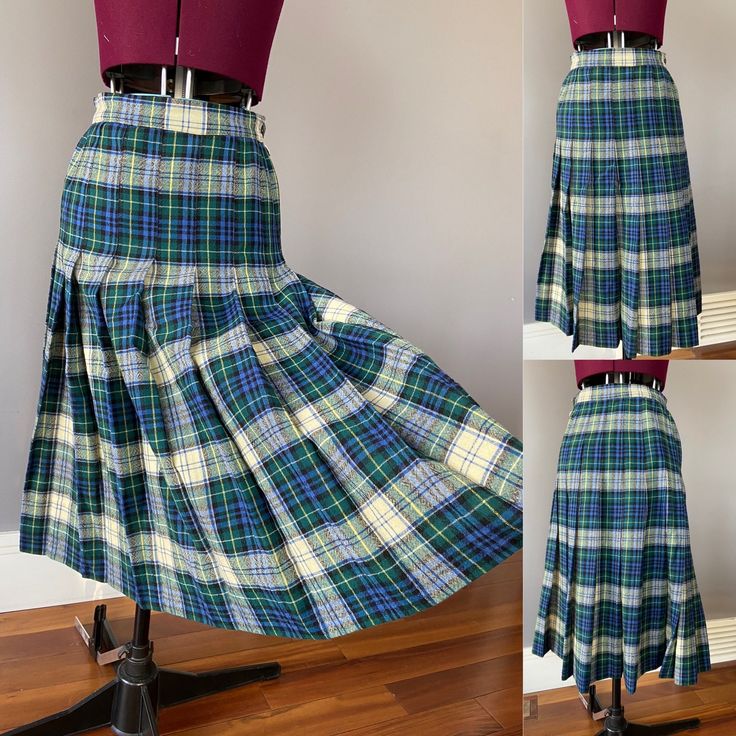 "1940s plaid wool skirt in collegiate style, with pleats going all the way around. Metal zipper and button at left side,  Condition: excellent  Labels/tags: none Measurements: taken flat -waist  24-25\" -hip 18\" taken seam to seam -overall length 28\" *To ensure a great fit, we recommend comparing the measurements above to a similar garment you own and love to wear, as sizing varies across the decades.  *All of my pieces are vintage and may have some wear. I will show or mention defects in the photos and/or the description. Please reach out for clarification or more pictures. Welcome to The Darning Darling Shop! My store is new to Etsy, and I am excited to offer you amazing new vintage finds. Thank you for shopping and please reach out if you have any questions! If you are in the YYC area Vintage Plaid Skirt For School, Vintage Pleated Plaid Skirt, Plaid Wool Skirt, Kilt Skirt, Collegiate Style, Wool Skirt, Wool Skirts, Cream Dress, Metal Zipper