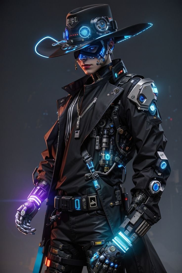 a man dressed in futuristic garb and hat