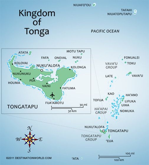 a map of the kingdom of tonga with all its major cities and rivers in green