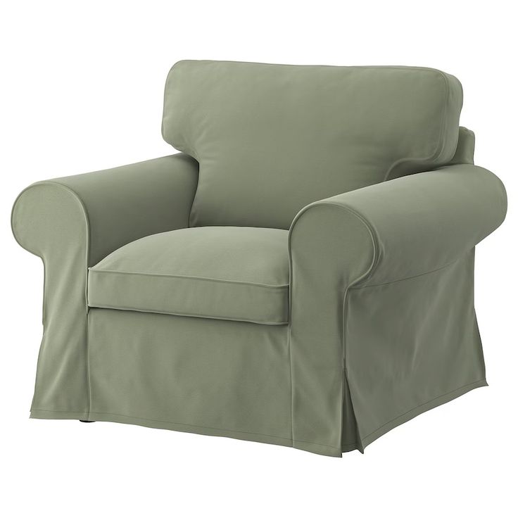 a green chair with a cover on it's arm and legs, in front of a white background