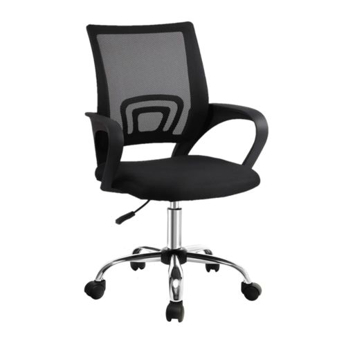 an office chair with wheels and black mesh back