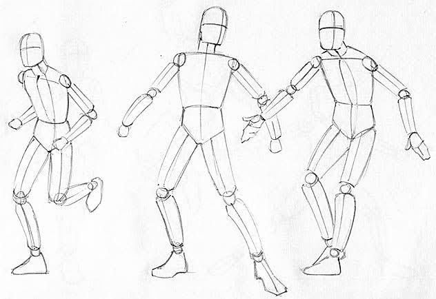 three different views of the same person's body and head, with one being drawn in