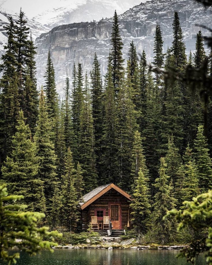 there is a cabin in the middle of some trees and water with mountains in the background