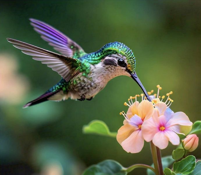 a hummingbird feeding from a pink flower