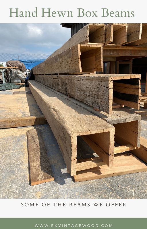 several wooden beams stacked on top of each other with the words hand hewn box beams