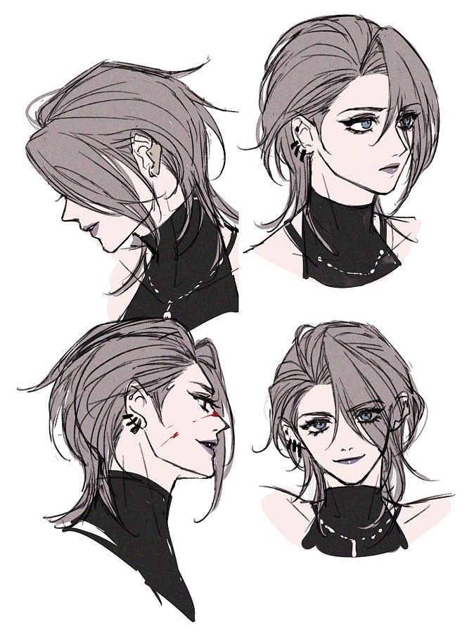 four different poses of a woman's head with long hair and piercings on her ears