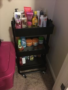 a black cart filled with lots of beauty products