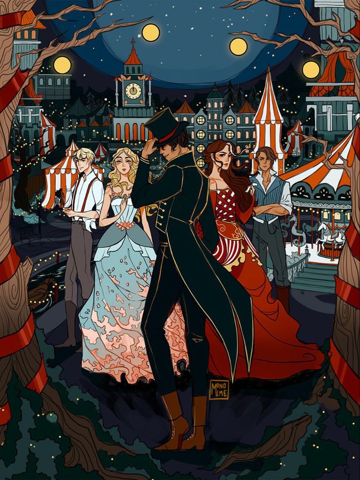 an illustration of a man and woman dancing in front of a circus tent at night