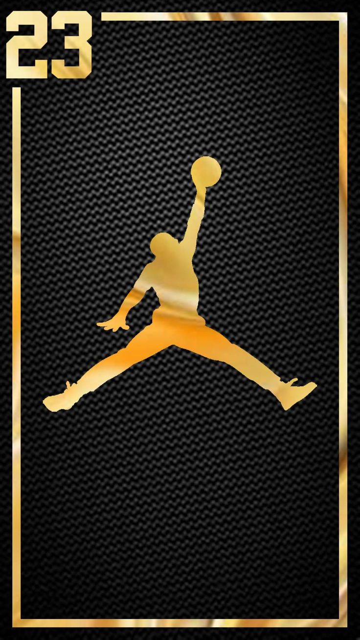 the golden air jordan logo on a black background with gold foil lettering and a white square frame