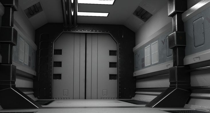 the interior of a futuristic space station with two doors