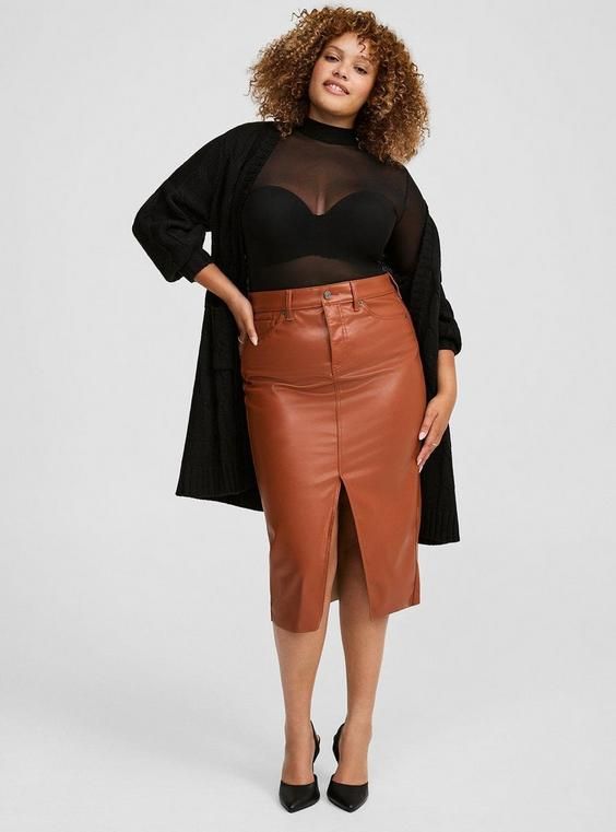 FIT Model is 5'10. 5” wearing size 1. A-line midi sihouette. Measures 48” from waist to hem. . MATERIALS + CARE Faux leather fabric. . 100% polyester. Machine wash cold. . Imported. . DETAILS Front slit. . Functional pockets. . The best plus size women's midi faux leather front slit skirt skirts in sequoia made of pleather. Torrid is your destination for cozy fall and winter clothes to keep you warm and comfortable. Plus Size Leather Skirt, Leather Midi Skirt Outfit, Figure Fashion, Skirt Images, Pencil Skirt Outfits, Grown Women, Leather Pencil Skirt, Fashion 101, Faux Leather Fabric