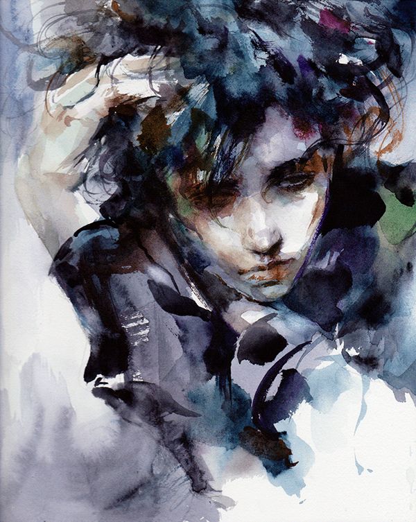 a watercolor painting of a young man with his hair blowing in front of him