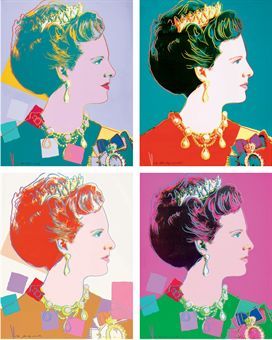 four different colored portraits of women with hair in various hairstyles and necklaces