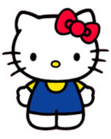 an image of a hello kitty with blue overalls and a bow on her head