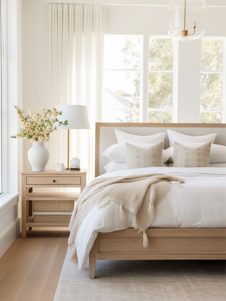 a bed with white linens and pillows in a bedroom next to a large window