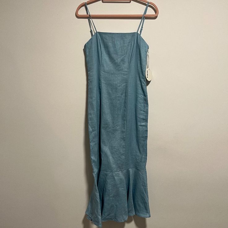 Staud Lychee Linen Dress In Drew Blue - Size 4, New With Tags Fully Lined, Adjustable Shoulder Straps, Hidden Back Zip Closure, Ruffled Hem Blue Linen Midi Dress For Brunch, Blue Fitted Linen Midi Dress, Staud Sleeveless Spring Maxi Dress, Staud Cotton Summer Dress, Sleeveless Staud Maxi Dress For Spring, Blue Linen Midi Dress, Staud Sleeveless Midi Summer Dress, Blue Linen Midi Maxi Dress, Blue Linen Midi Length Maxi Dress