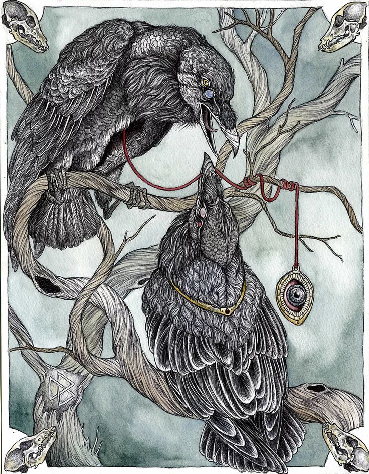 two birds sitting on top of a tree branch next to each other, with skulls in the background