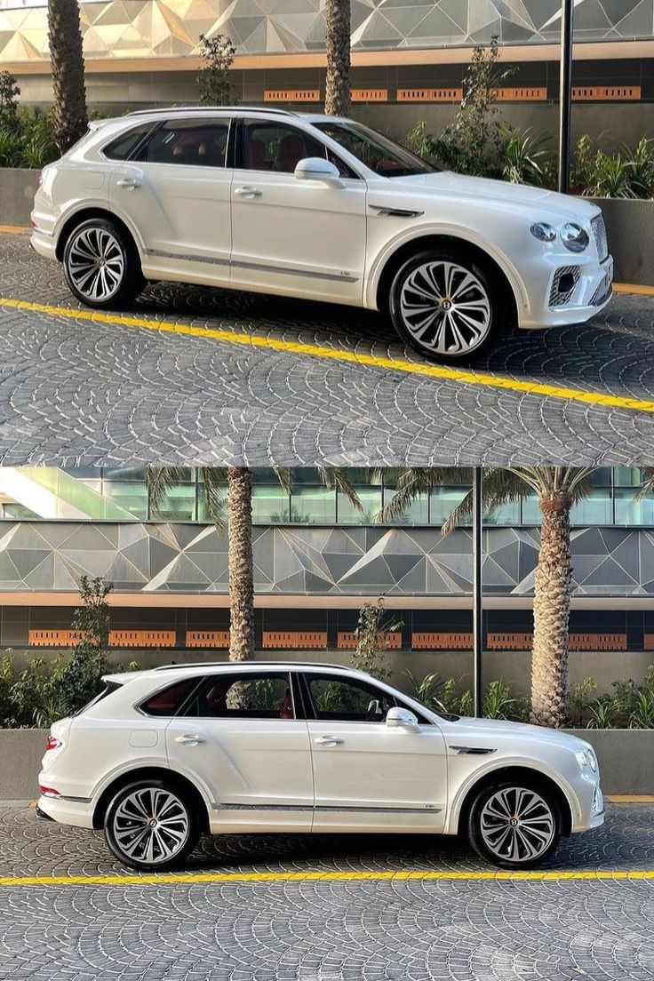 two pictures of a white car parked in front of a building with palm trees on the side