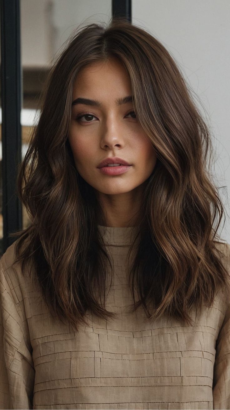 Medium Length Hair With Layers Dark, Medium Length Haircut Dark Hair Round Face, Haircuts Medium Long Hair, Darker Short Hair, Midlength Haircuts Layers, Tousled Shoulder Length Hair, Even Haircut Medium, Short Brown Hair Fall, Medium Length Hair Soft Layers