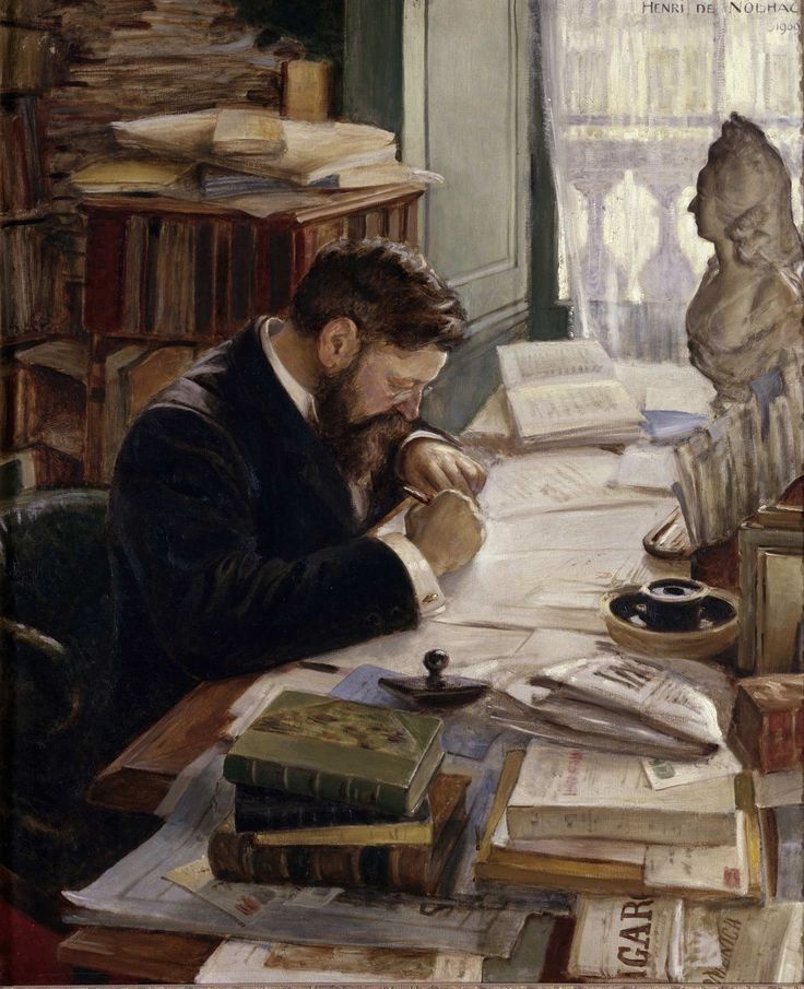 a painting of a man sitting at a desk in front of books and papers on the table