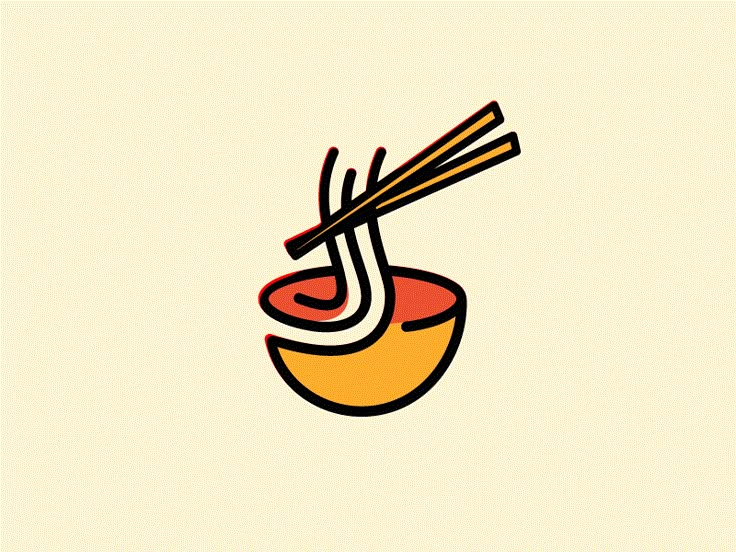 chopsticks sticking out of an orange bowl with noodles in it on a beige background