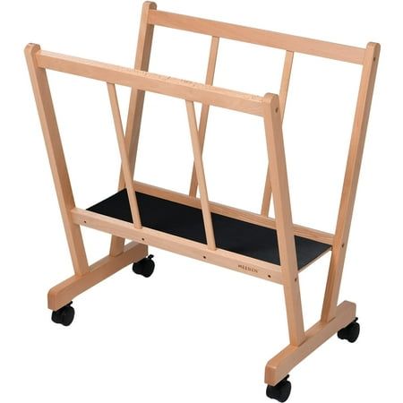 a wooden rack with wheels on it