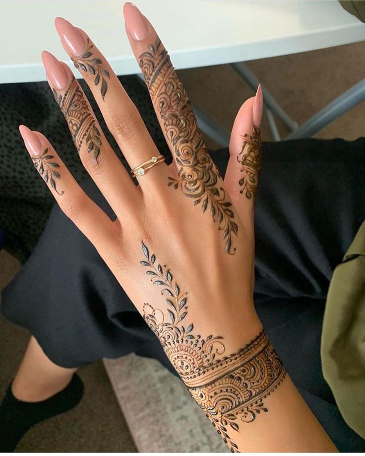 a woman's hand with henna tattoos on her left arm and fingers, sitting in front of a table