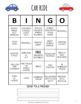 a car ride game with the words,'car ride bingo'and two cars on it